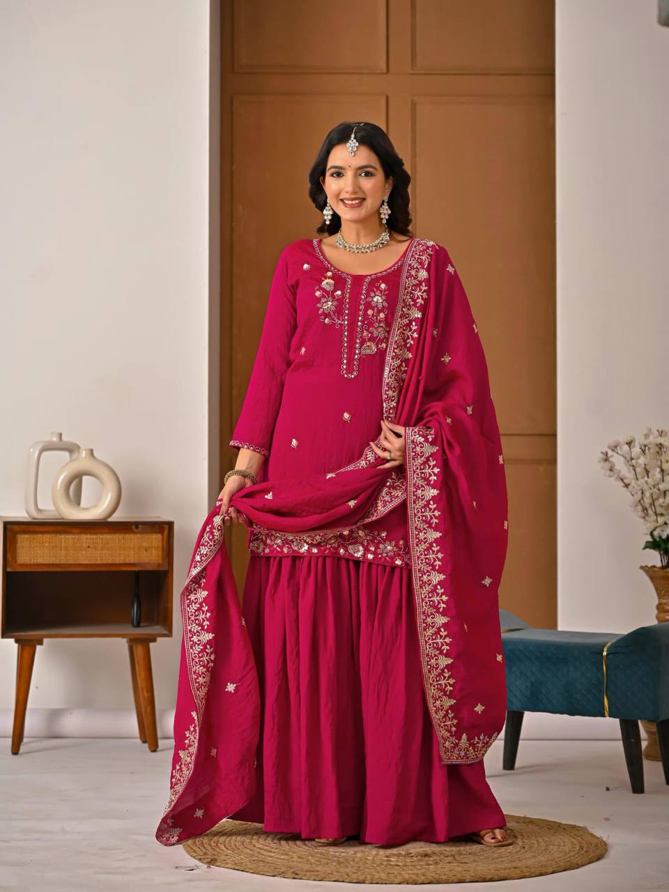 Rani Vichitra Silk 3-Piece Sharara Suit with Bits Hand Work