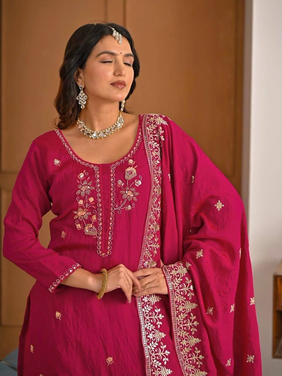 Rani Vichitra Silk 3-Piece Sharara Suit with Bits Hand Work