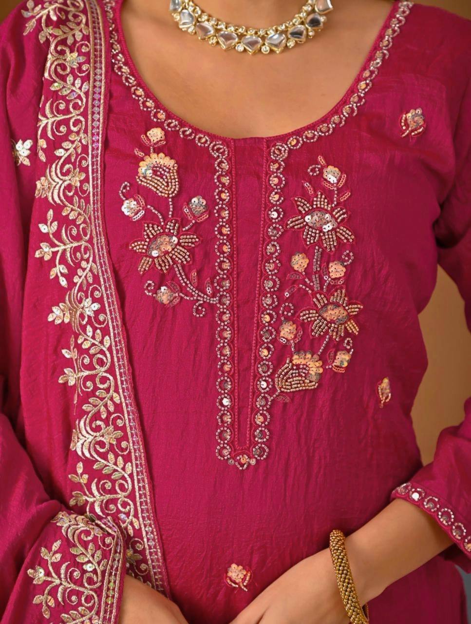 Rani Vichitra Silk 3-Piece Sharara Suit with Bits Hand Work