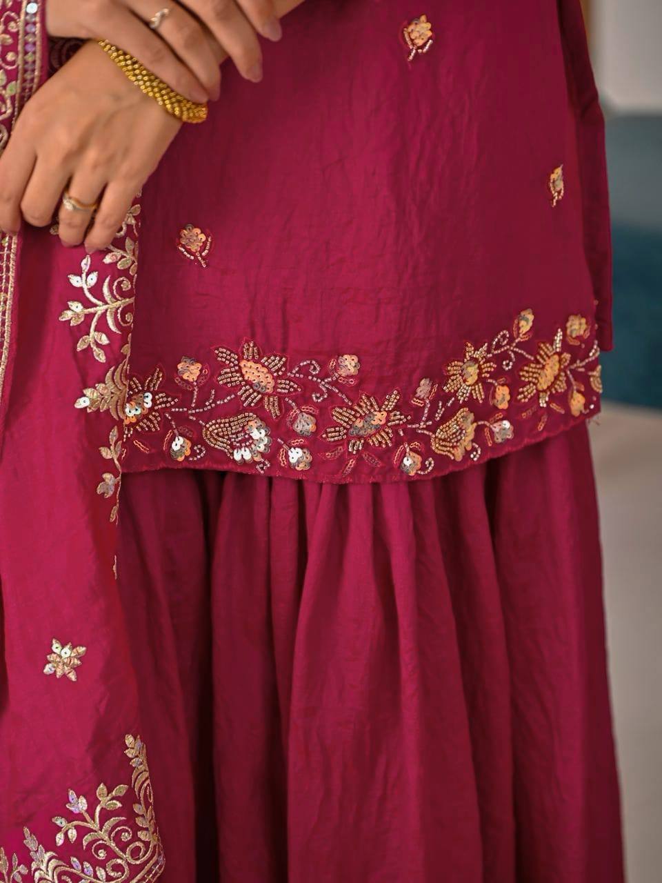Rani Vichitra Silk 3-Piece Sharara Suit with Bits Hand Work