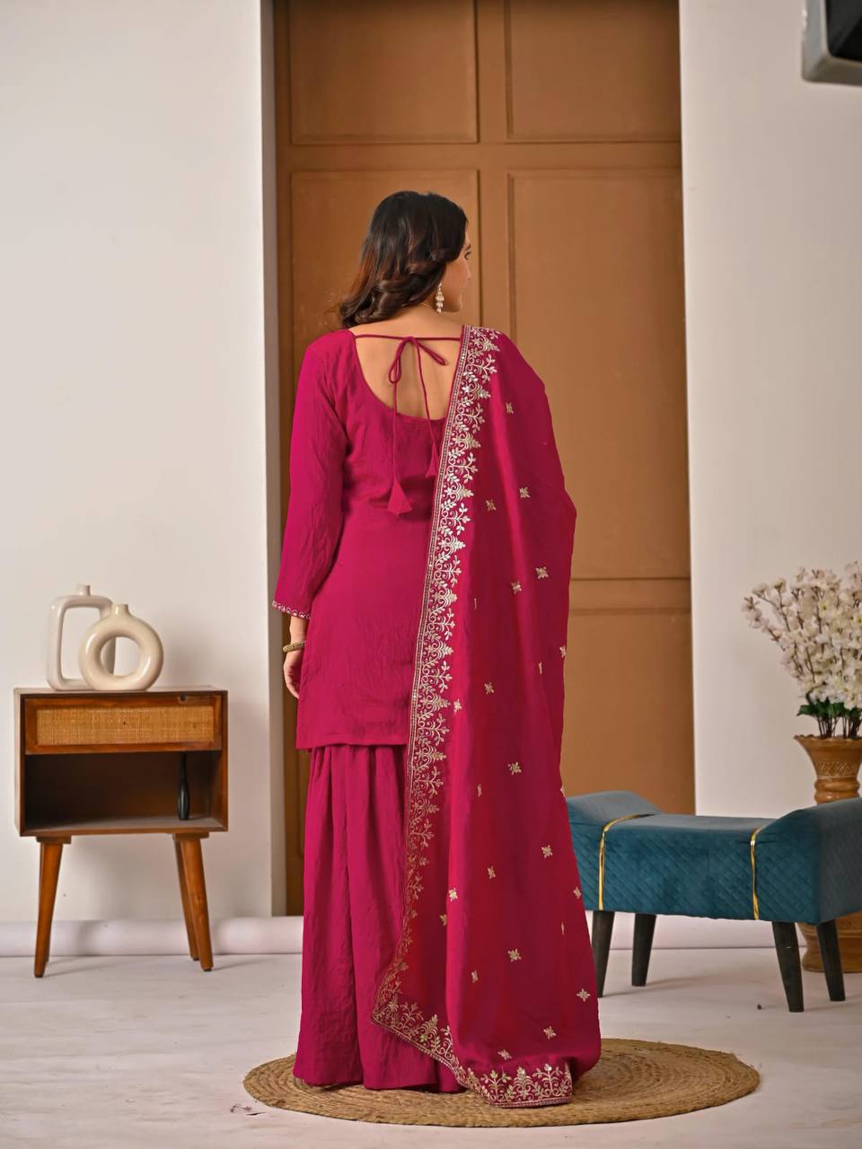 Rani Vichitra Silk 3-Piece Sharara Suit with Bits Hand Work
