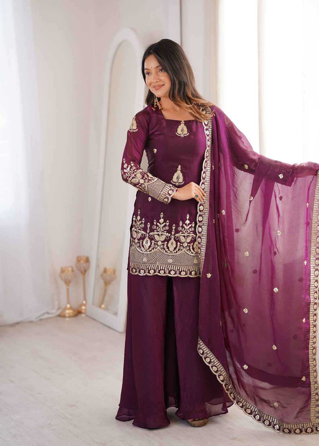 Purpal Fendy Silk Embroidere Sharara Palazzo Suit with Lace Border Dupatta