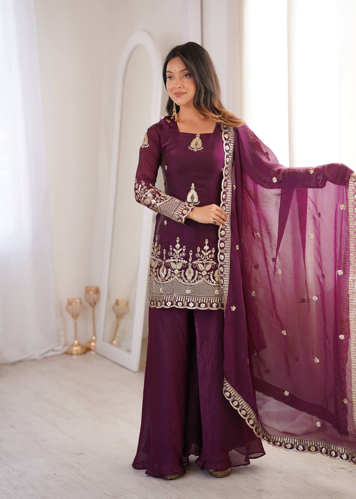 Purpal Fendy Silk Embroidere Sharara Palazzo Suit with Lace Border Dupatta