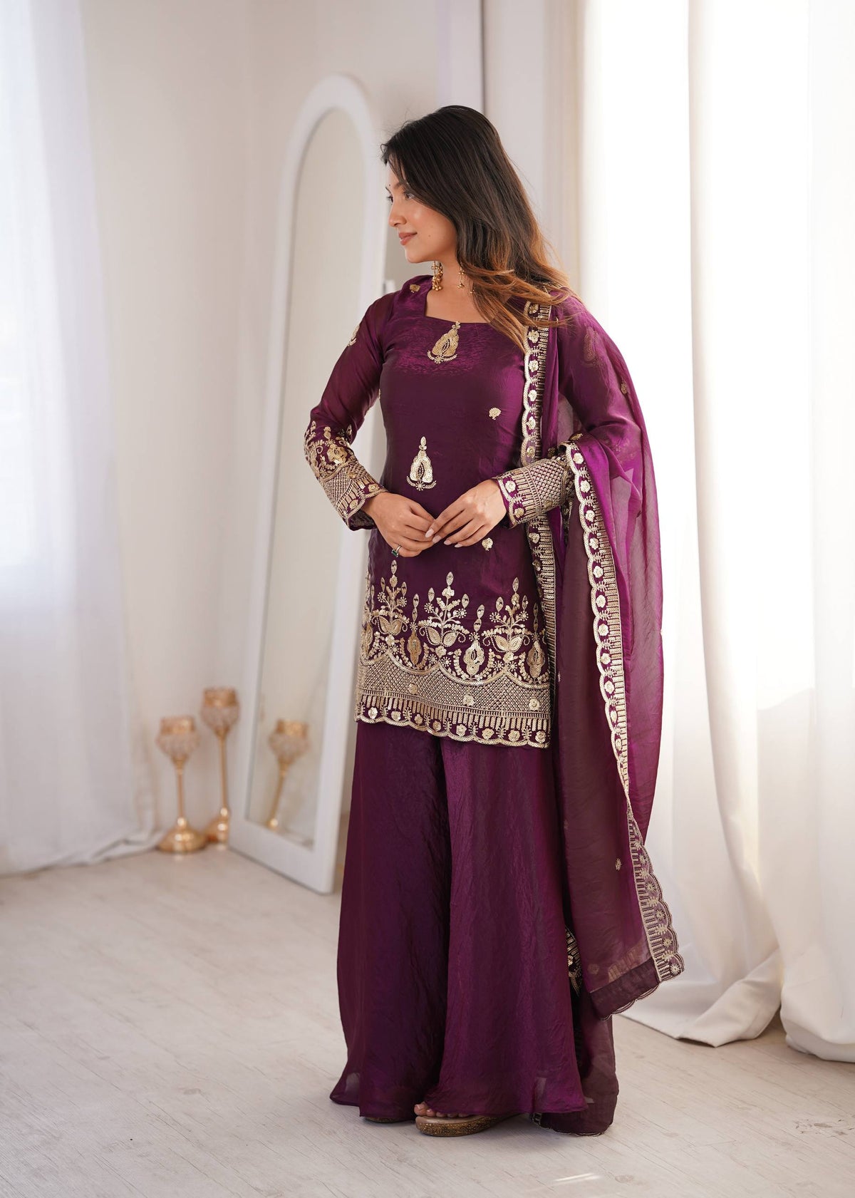 Purpal Fendy Silk Embroidere Sharara Palazzo Suit with Lace Border Dupatta