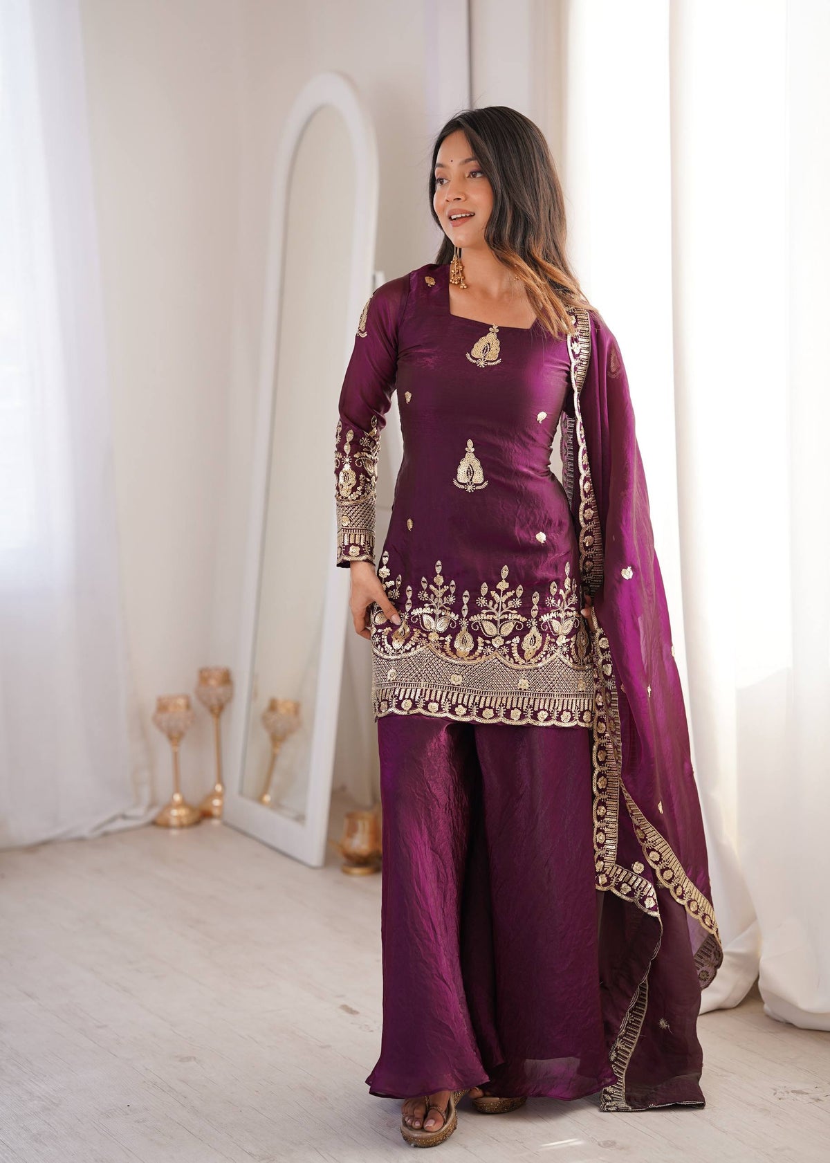Purpal Fendy Silk Embroidere Sharara Palazzo Suit with Lace Border Dupatta