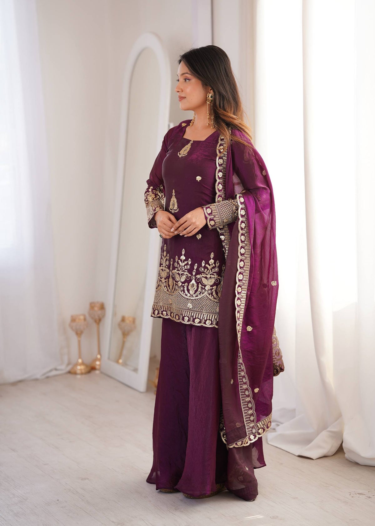 Purpal Fendy Silk Embroidere Sharara Palazzo Suit with Lace Border Dupatta