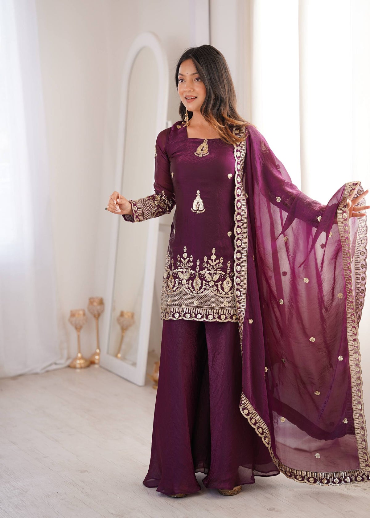 Purpal Fendy Silk Embroidere Sharara Palazzo Suit with Lace Border Dupatta