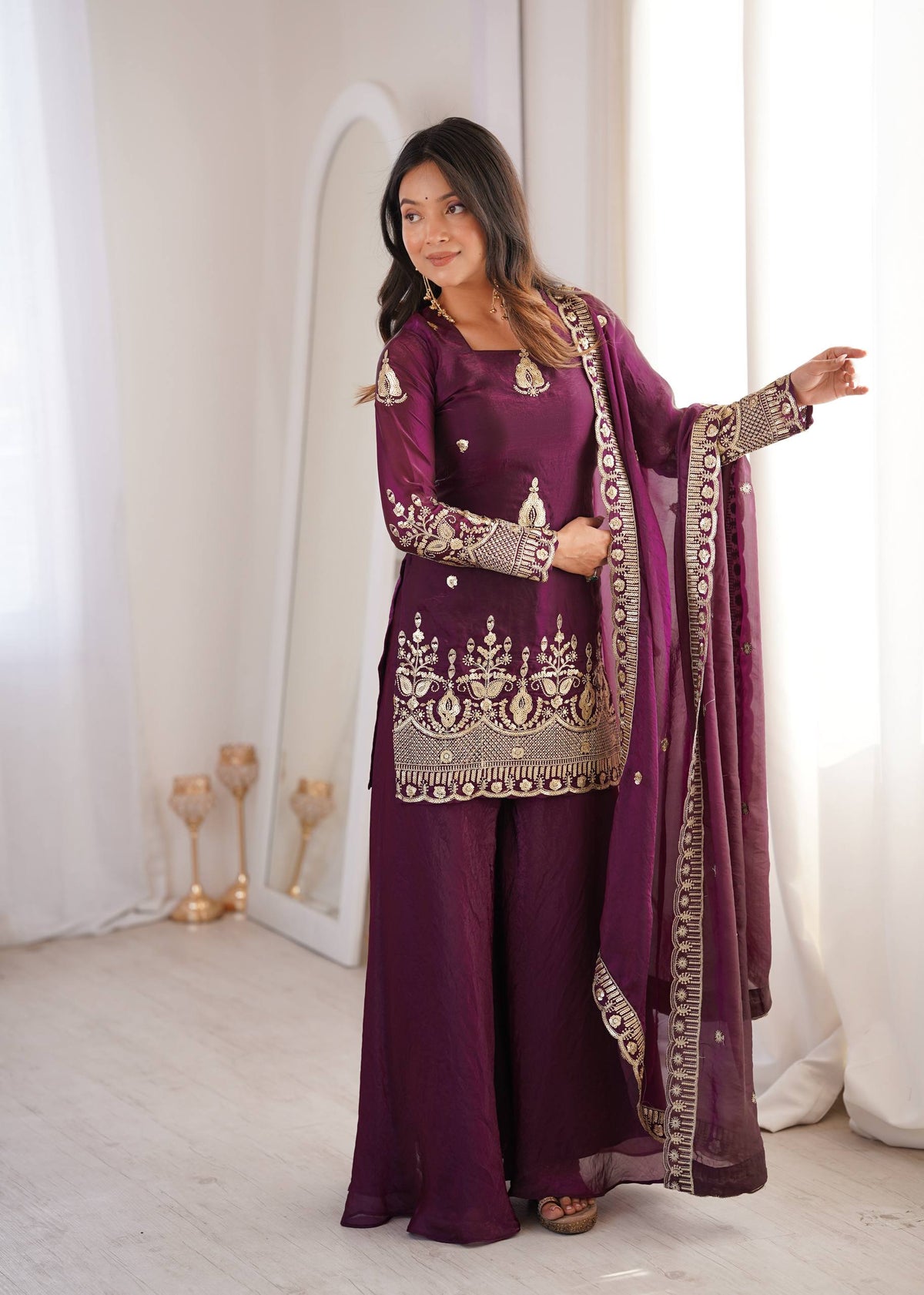 Purpal Fendy Silk Embroidere Sharara Palazzo Suit with Lace Border Dupatta