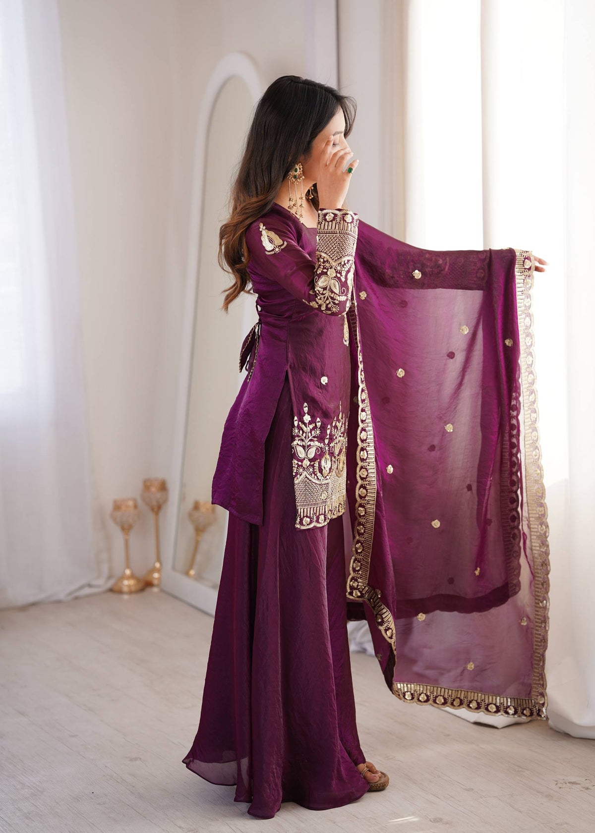 Purpal Fendy Silk Embroidere Sharara Palazzo Suit with Lace Border Dupatta