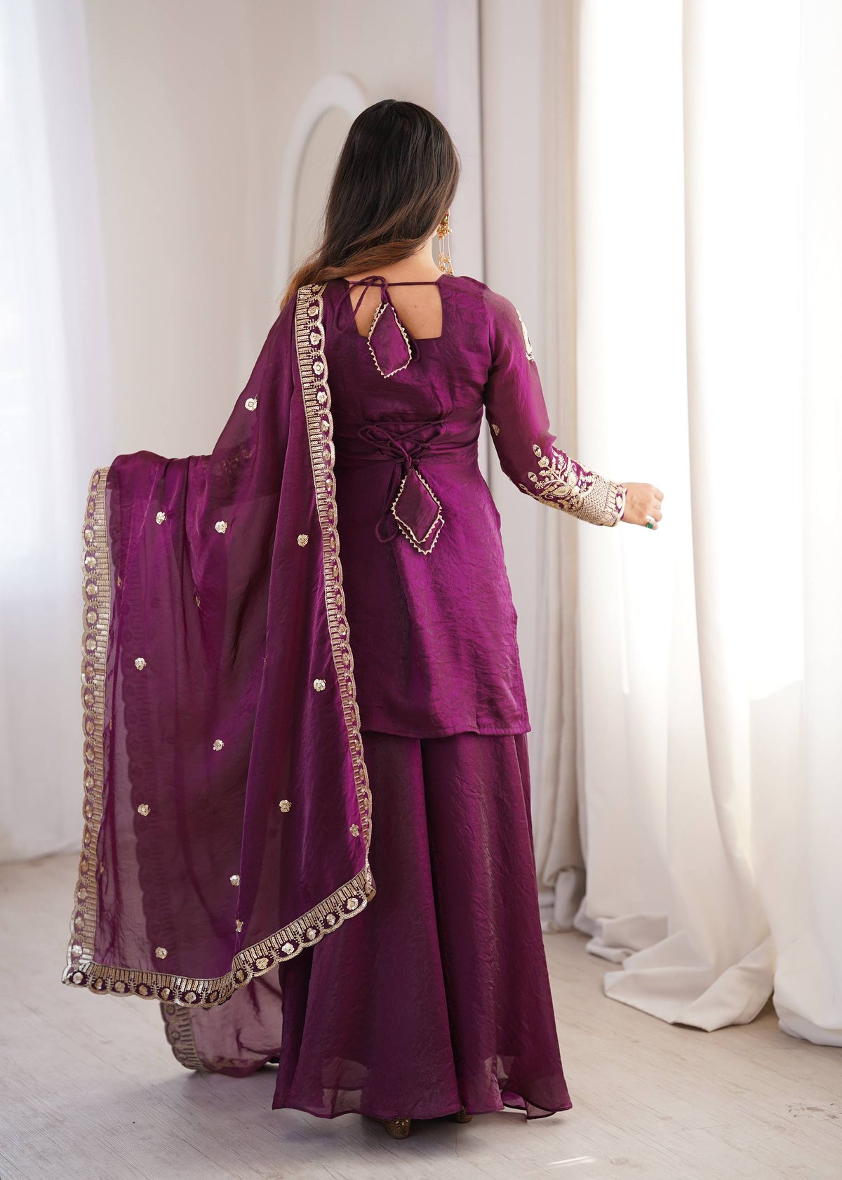 Purpal Fendy Silk Embroidere Sharara Palazzo Suit with Lace Border Dupatta