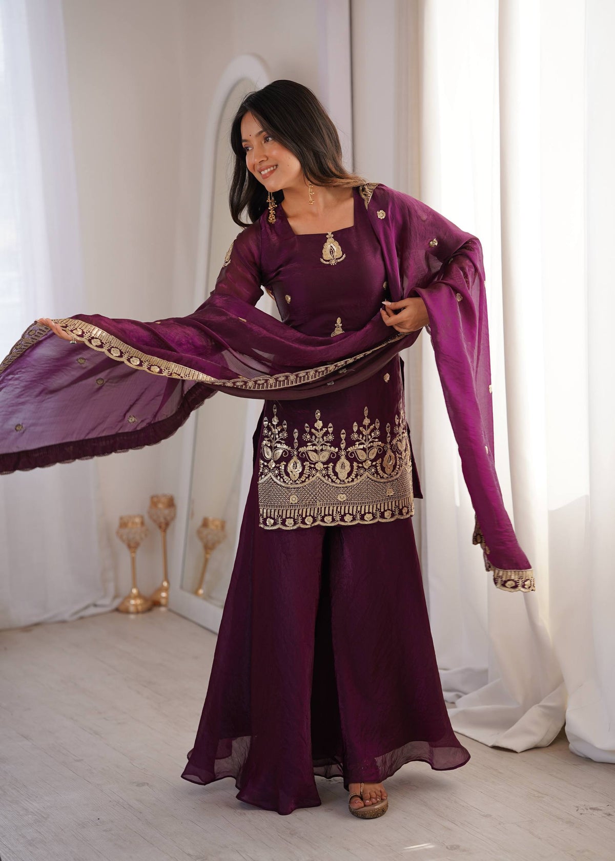 Purpal Fendy Silk Embroidere Sharara Palazzo Suit with Lace Border Dupatta