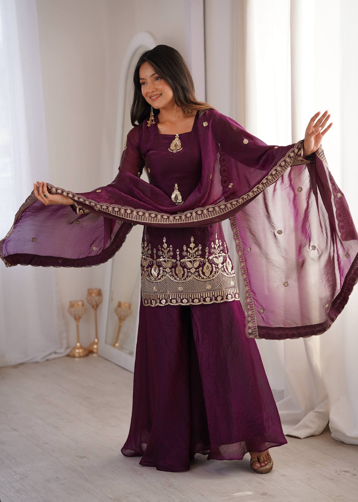 Purpal Fendy Silk Embroidere Sharara Palazzo Suit with Lace Border Dupatta