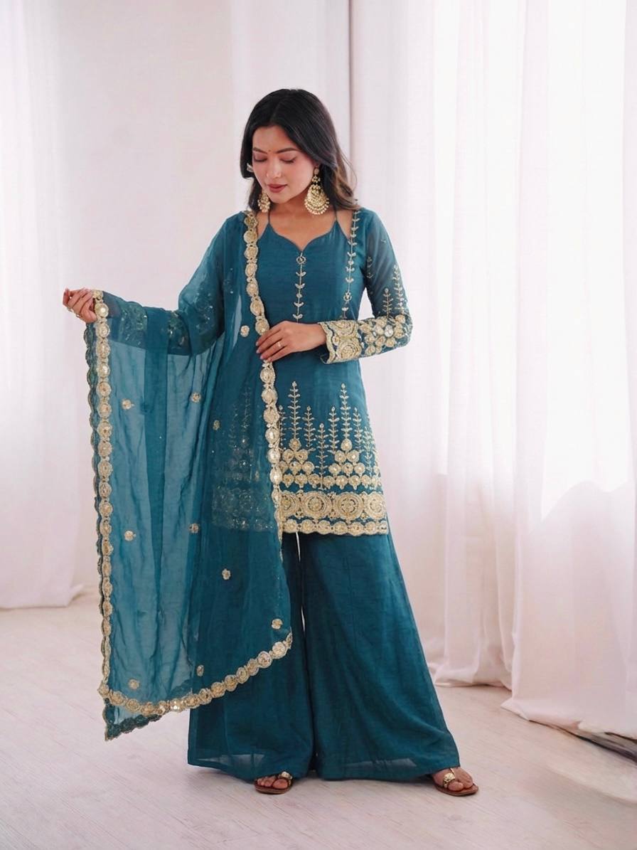 Tel Fendy Silk Embroidere Sharara Suit with Lace Border Dupatta