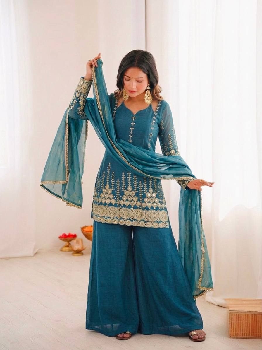 Tel Fendy Silk Embroidere Sharara Suit with Lace Border Dupatta