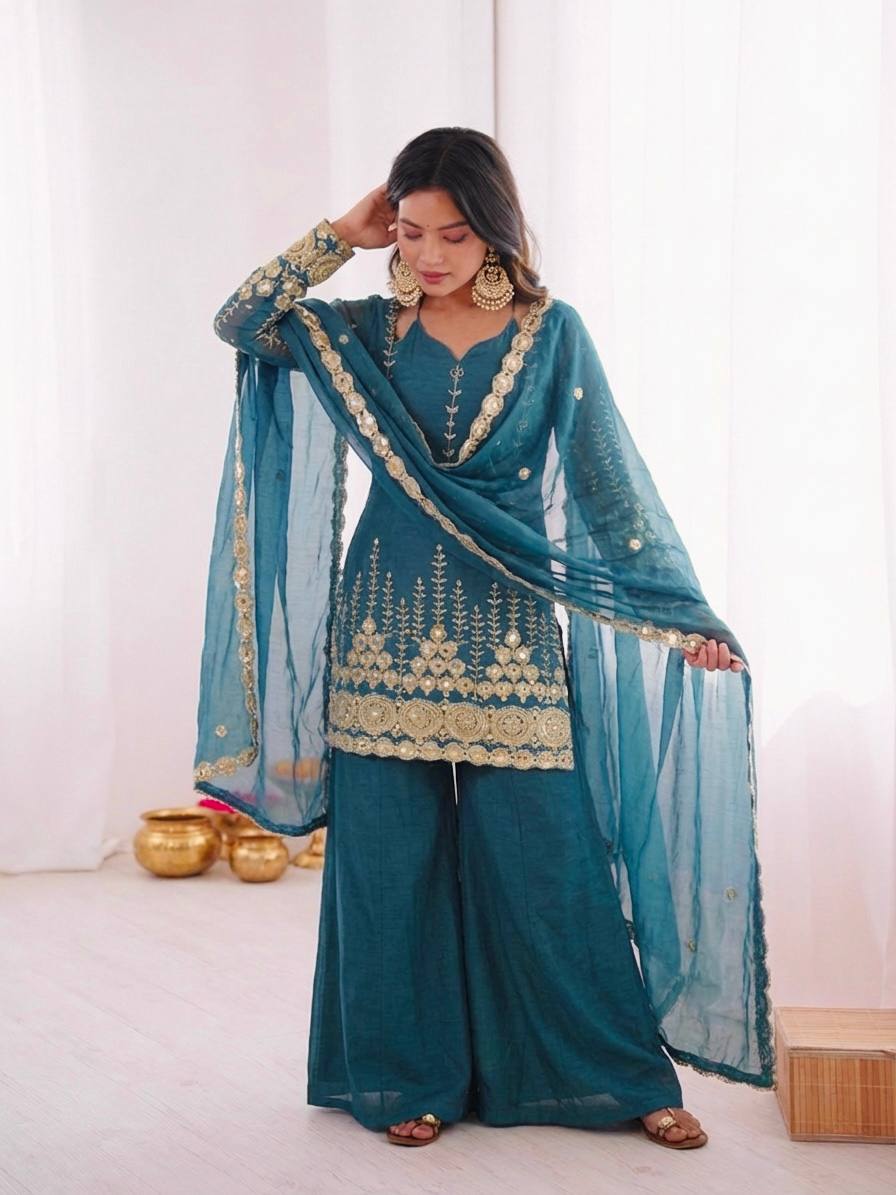 Tel Fendy Silk Embroidere Sharara Suit with Lace Border Dupatta