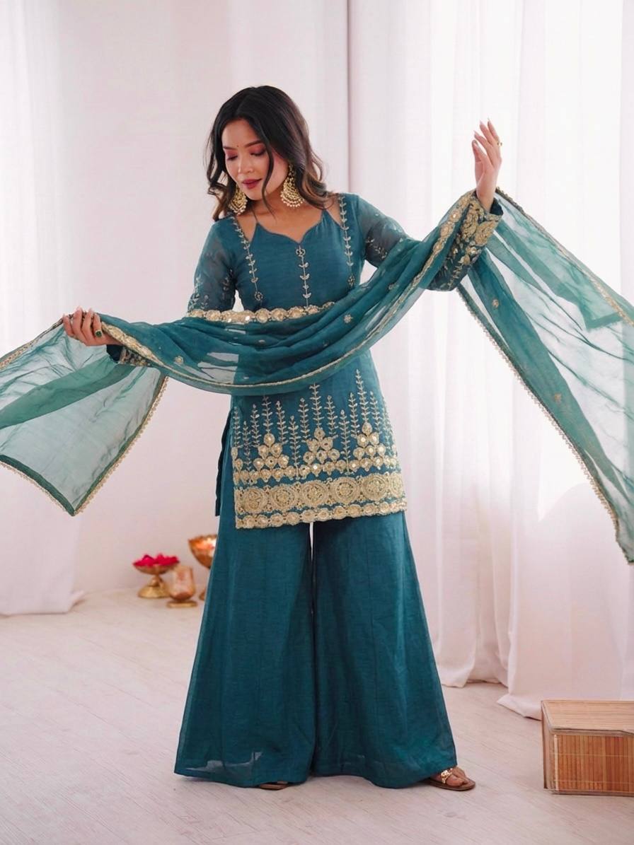 Tel Fendy Silk Embroidere Sharara Suit with Lace Border Dupatta