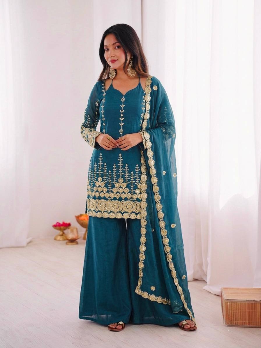 Tel Fendy Silk Embroidere Sharara Suit with Lace Border Dupatta