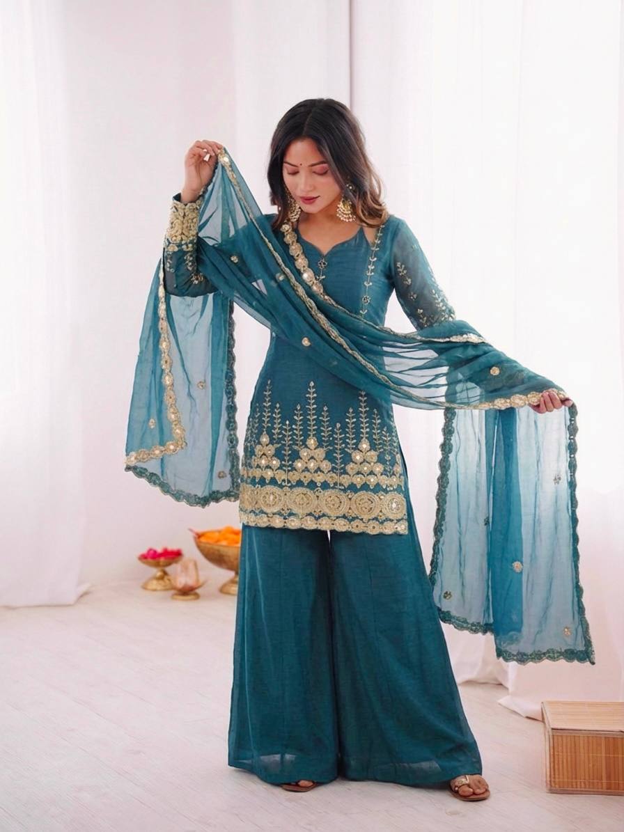 Tel Fendy Silk Embroidere Sharara Suit with Lace Border Dupatta