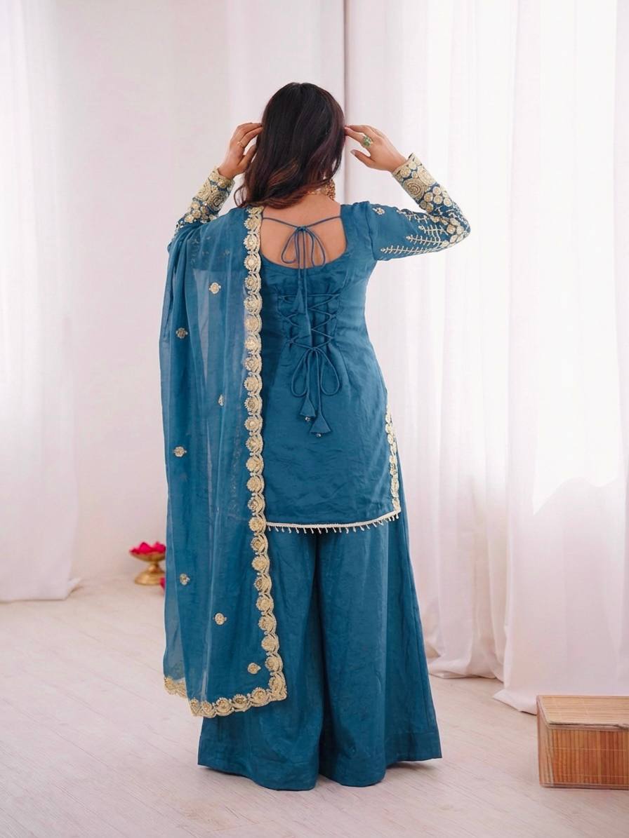 Tel Fendy Silk Embroidere Sharara Suit with Lace Border Dupatta