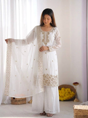 White Fendy Silk Beads & Sequence Work with   Sharara Set