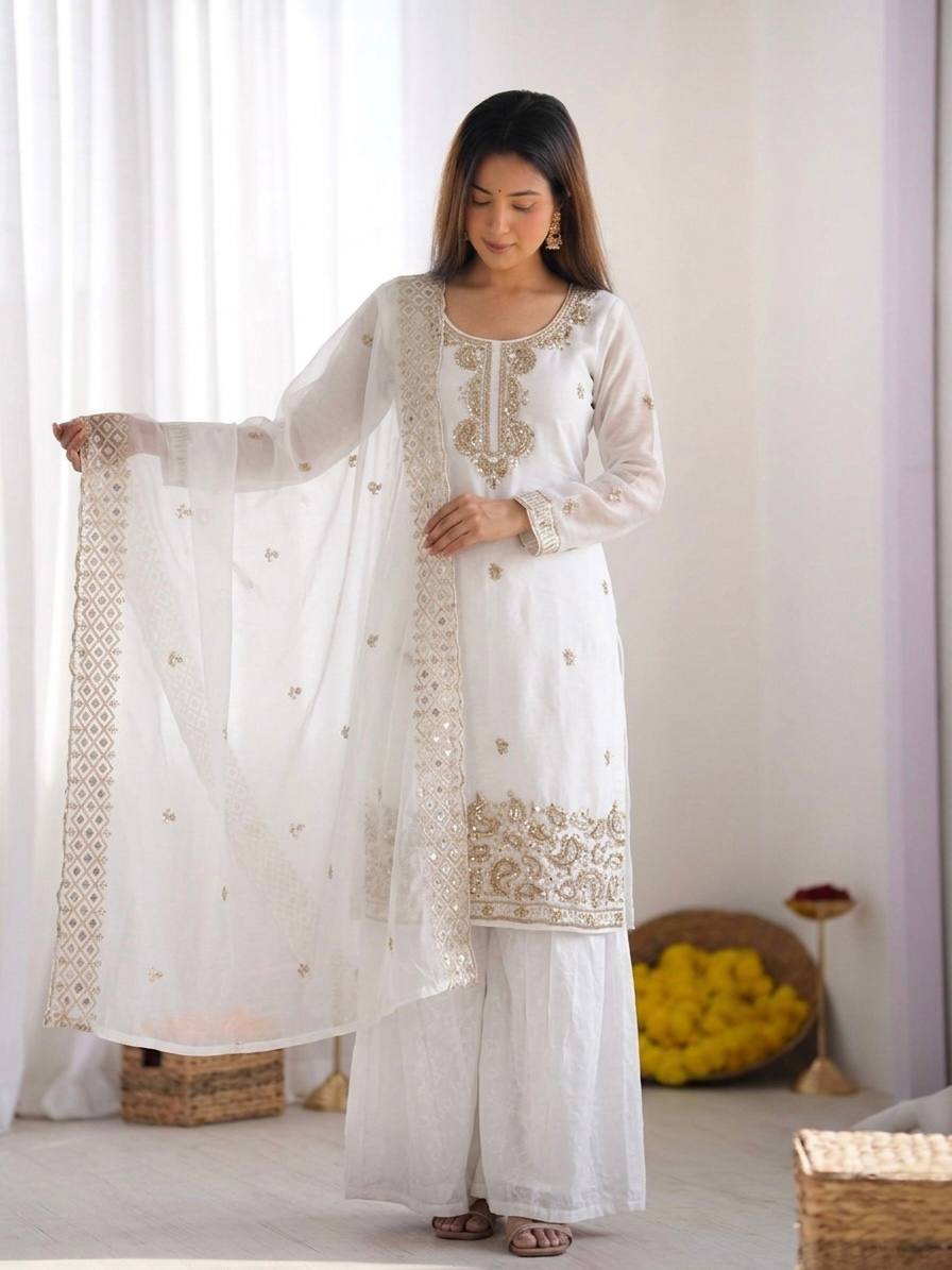 White Fendy Silk Fancy Embroidery Beads Work 3-Piece Sharara Palazzo Set
