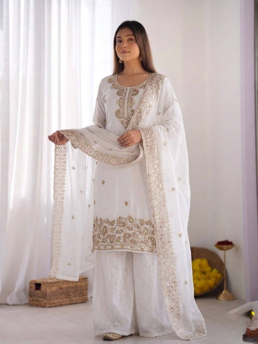 White Fendy Silk Fancy Embroidery Beads Work 3-Piece Sharara Palazzo Set