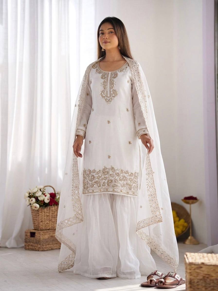 White Fendy Silk Fancy Embroidery Beads Work 3-Piece Sharara Palazzo Set
