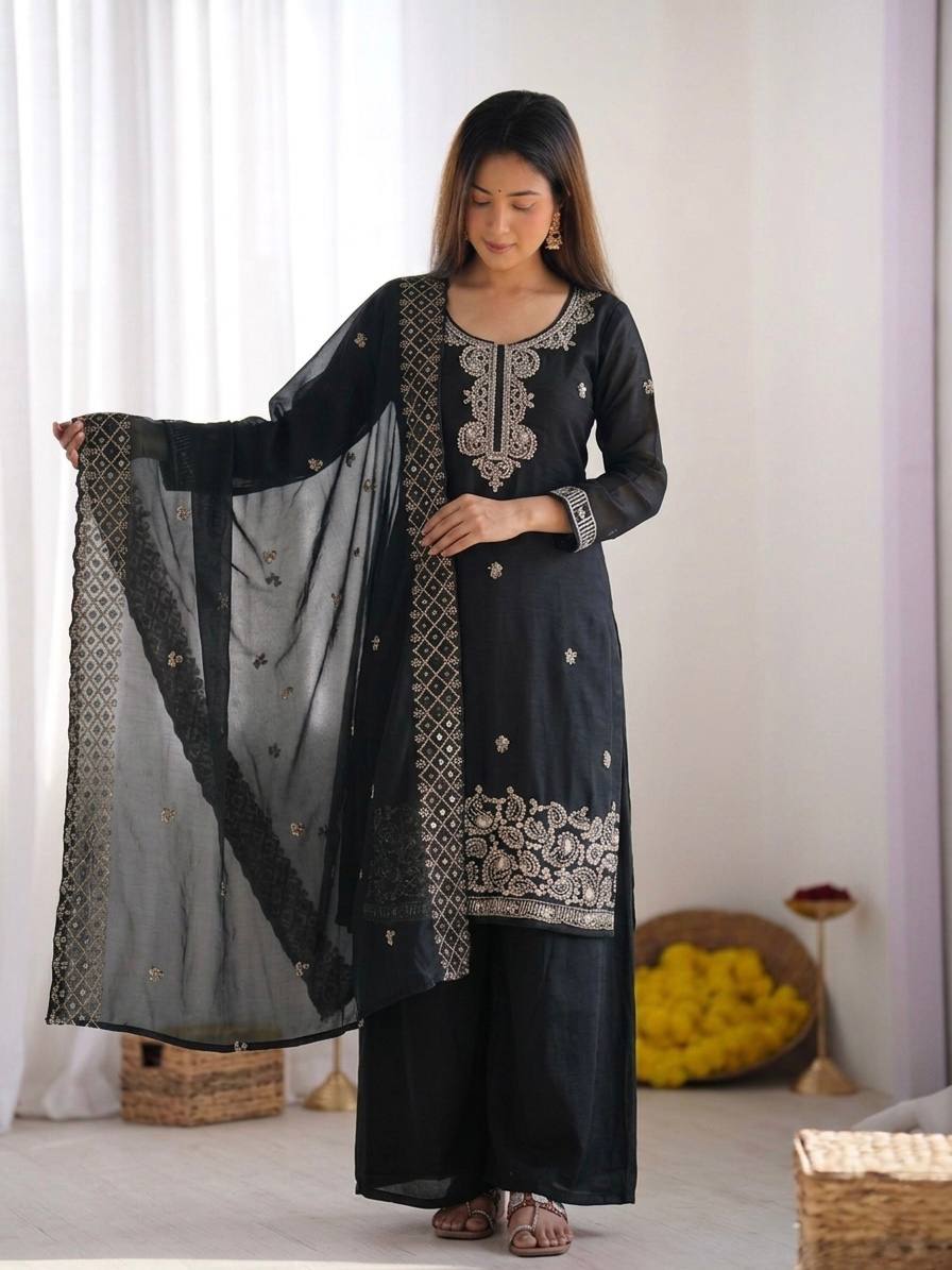 Black GMY Choo Silk Beads & Sequence Work with Sharara Set