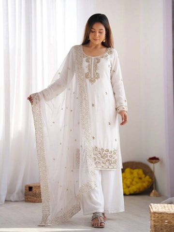 White Fendy Silk Fancy Embroidery Beads Work 3-Piece Sharara Palazzo Set