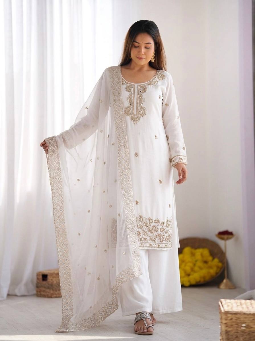 White Fendy Silk Fancy Embroidery Beads Work 3-Piece Sharara Palazzo Set