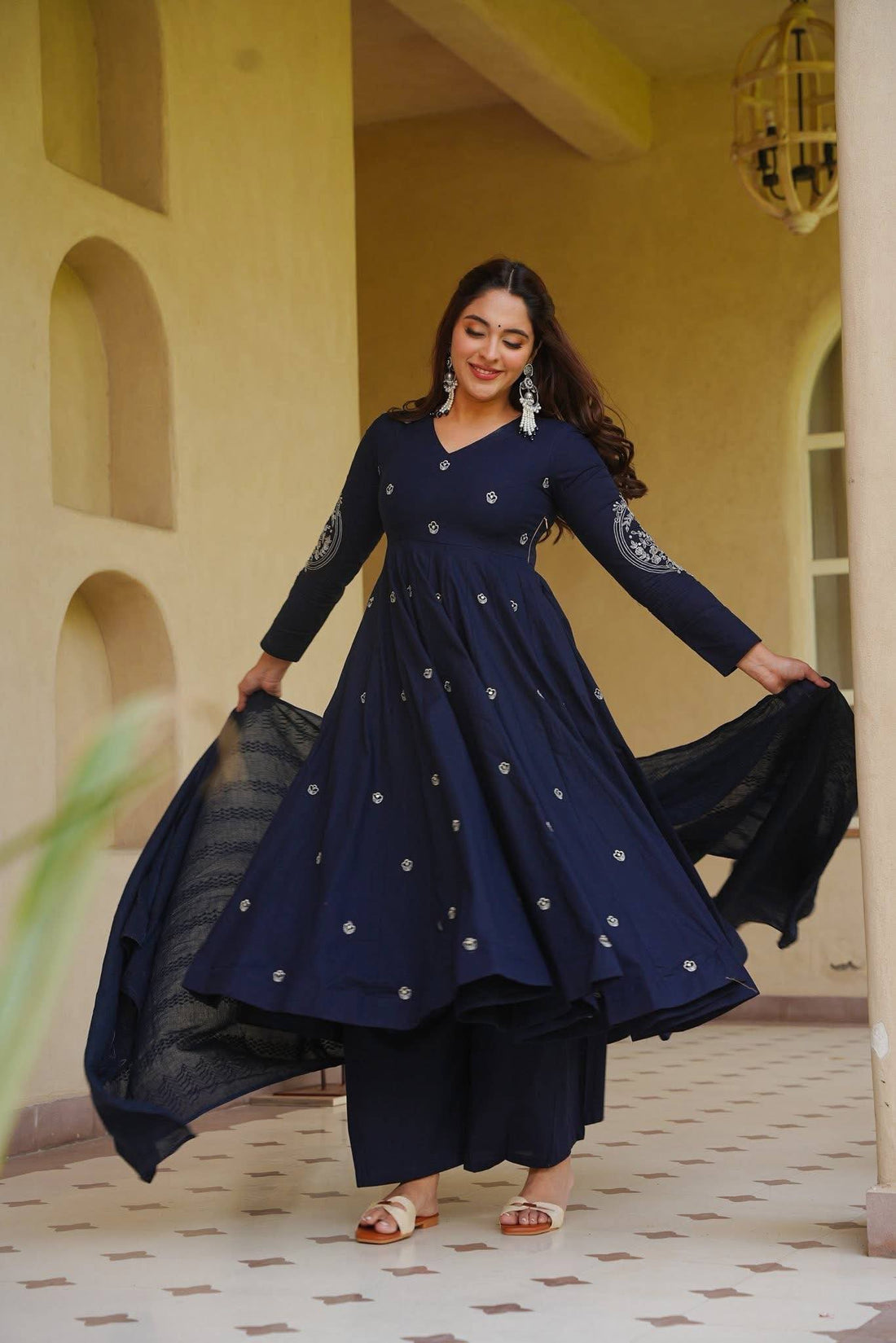 Navy Blue Roman Silk Embroiderey Anarkali Suit with Pant With Dupatta