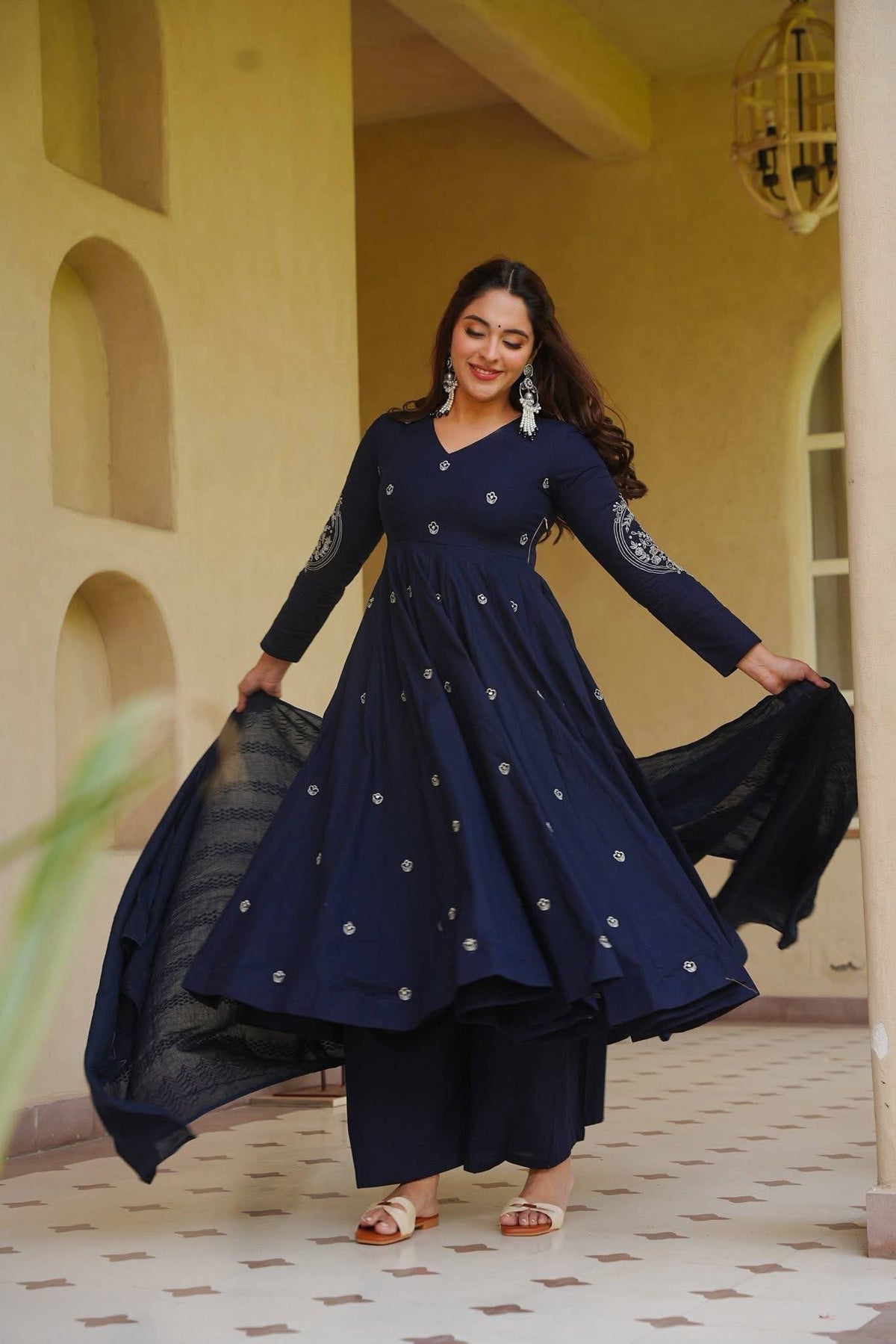 Navy Blue Roman Silk Embroiderey Anarkali Suit with Pant With Dupatta