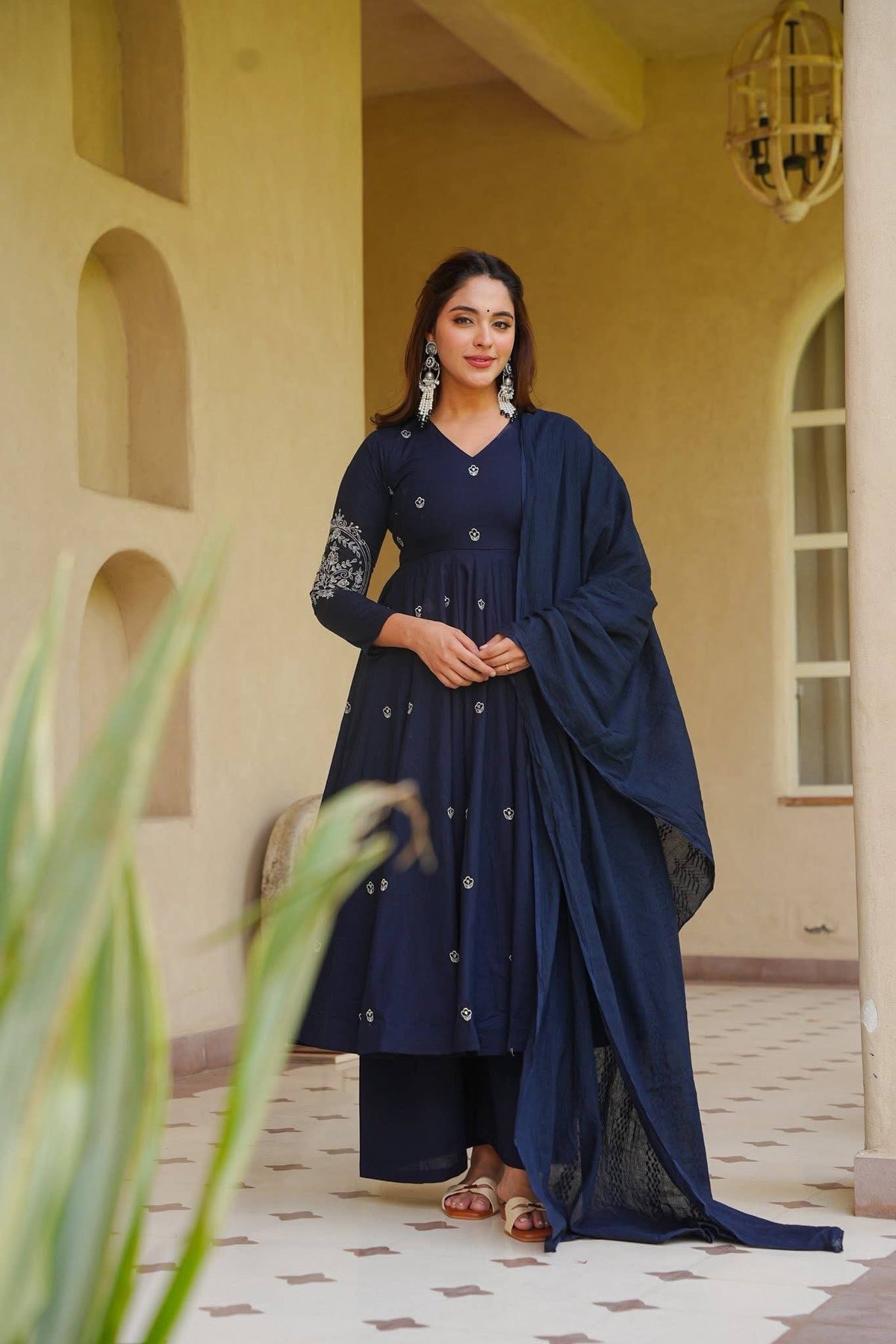 Navy Blue Roman Silk Embroiderey Anarkali Suit with Pant With Dupatta