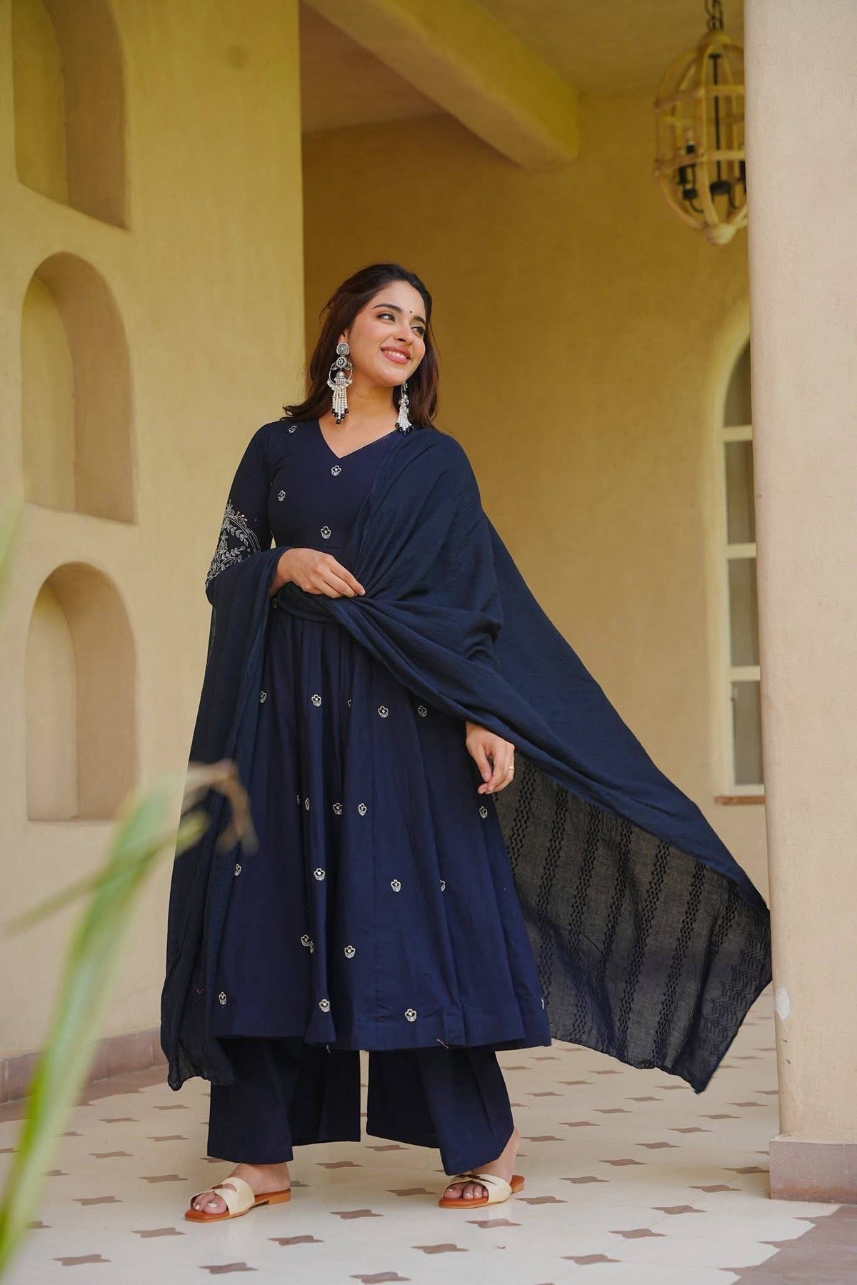 Navy Blue Roman Silk Embroiderey Anarkali Suit with Pant With Dupatta