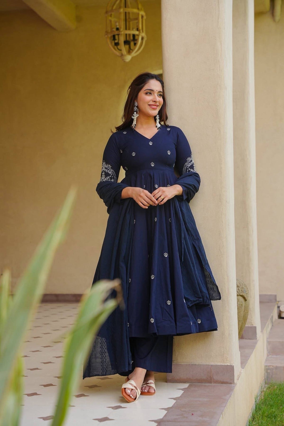 Navy Blue Roman Silk Embroiderey Anarkali Suit with Pant With Dupatta