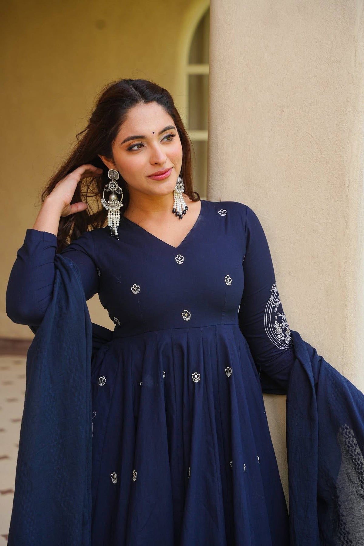 Navy Blue Roman Silk Embroiderey Anarkali Suit with Pant With Dupatta