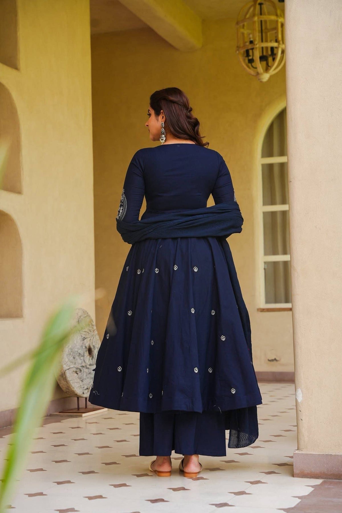 Navy Blue Roman Silk Embroiderey Anarkali Suit with Pant With Dupatta