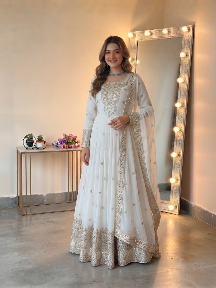 White Georgette Embroidere Gown with Pant & Dupatta