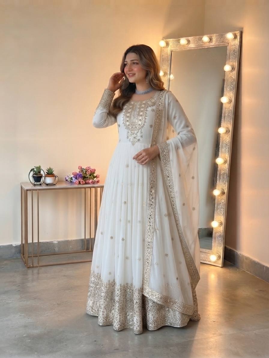 White Georgette Embroidere Gown with Pant & Dupatta
