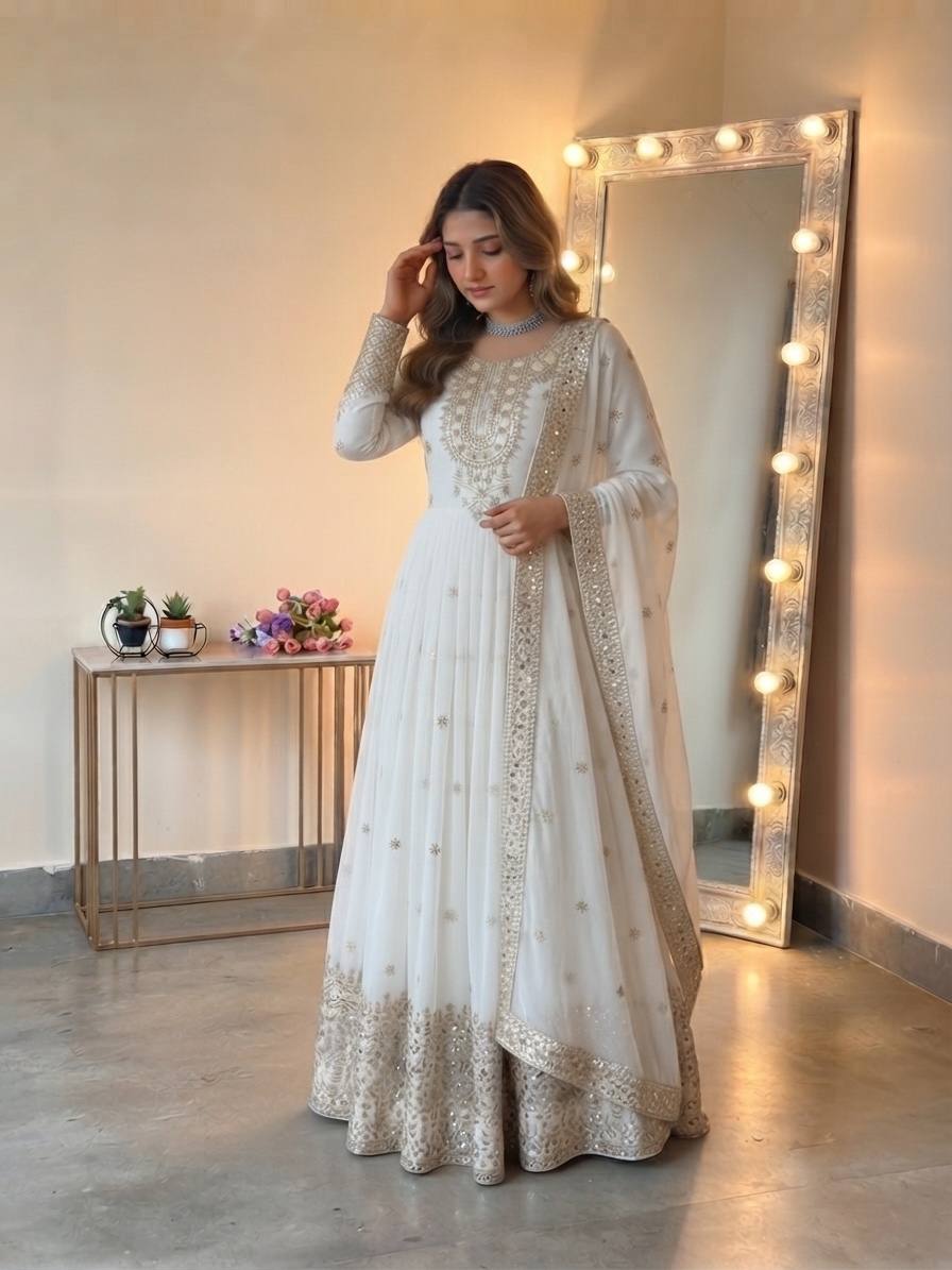 White Georgette Embroidere Gown with Pant & Dupatta