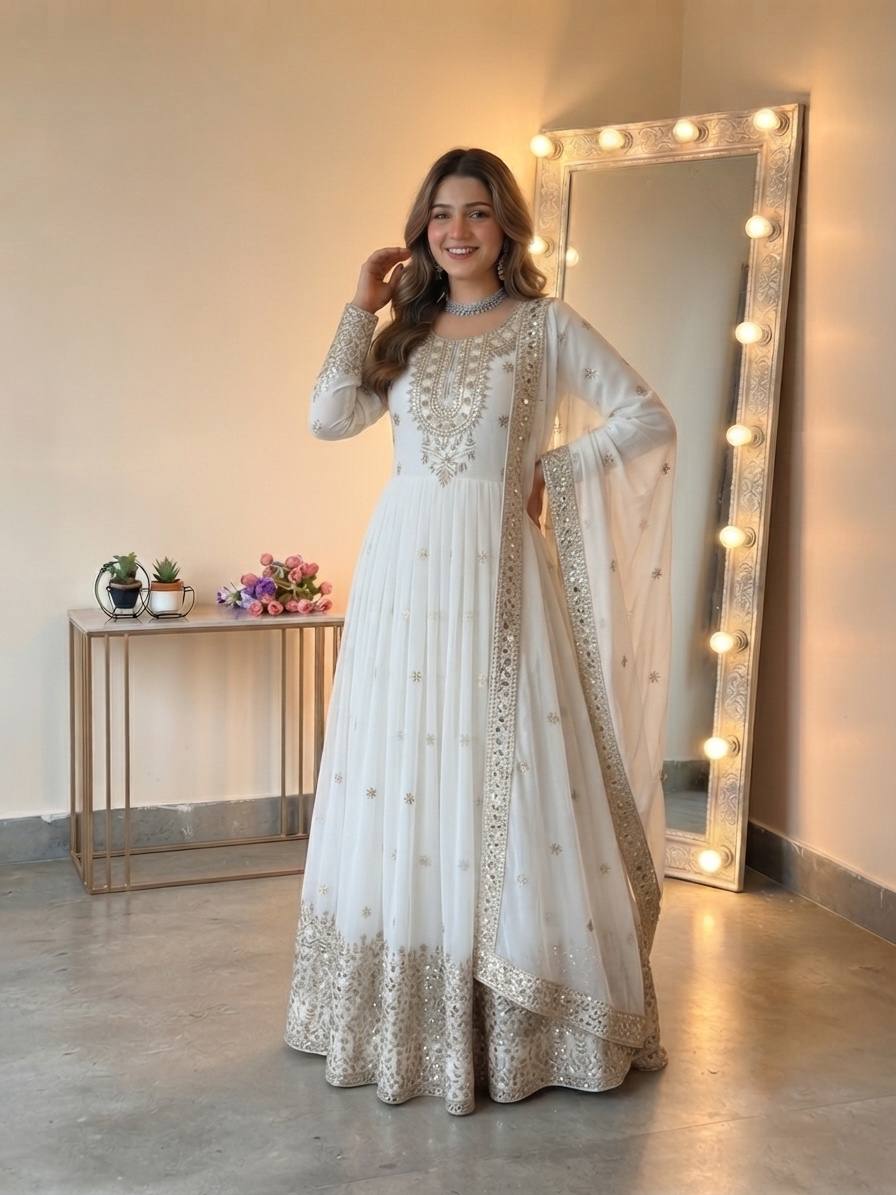 White Georgette Embroidere Gown with Pant & Dupatta