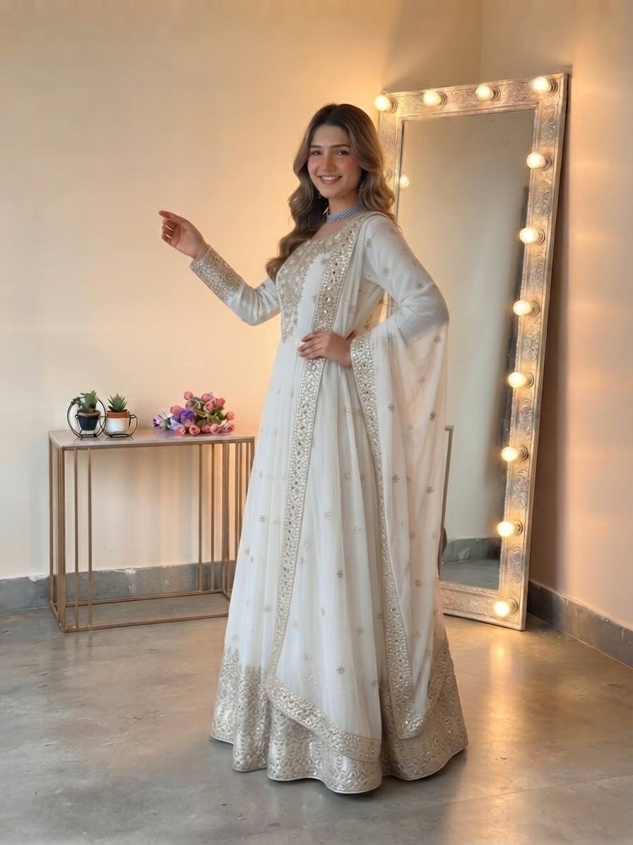 White Georgette Embroidere Gown with Pant & Dupatta