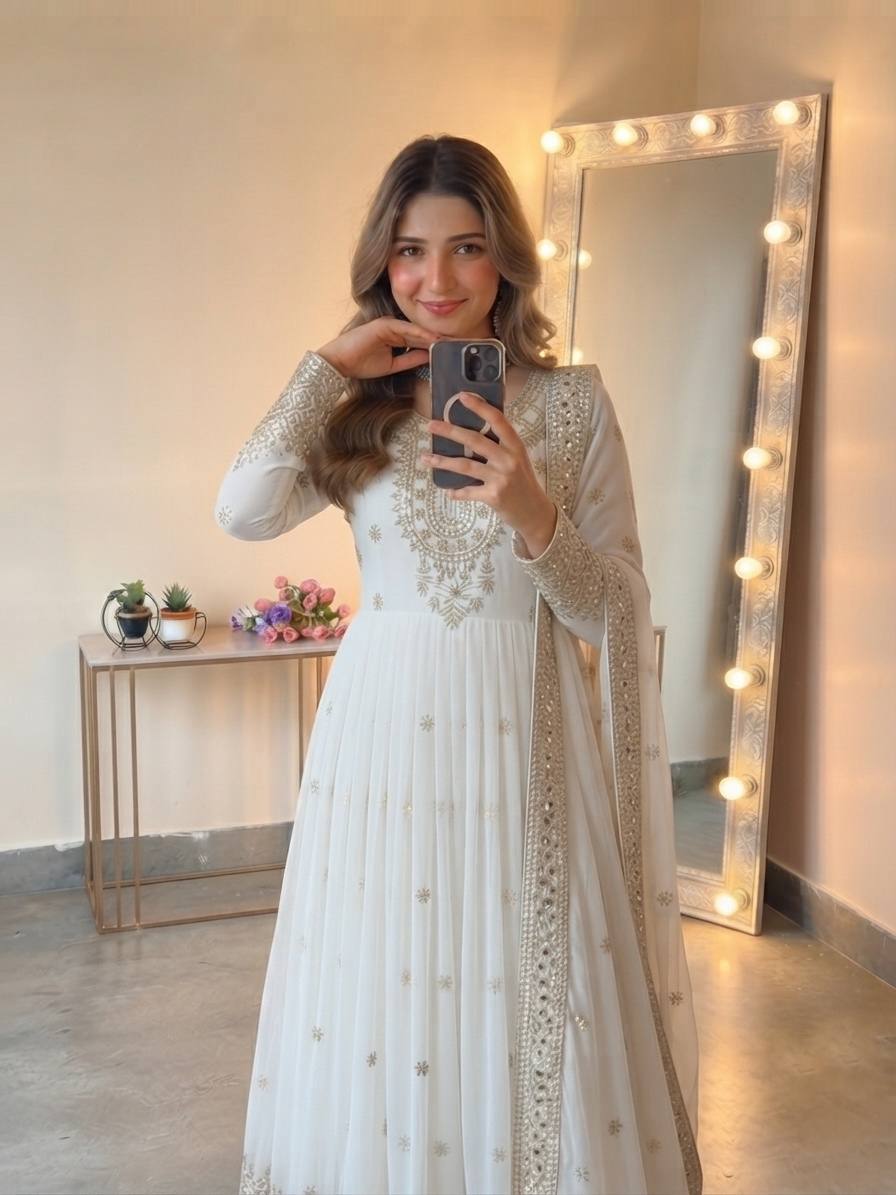 White Georgette Embroidere Gown with Pant & Dupatta