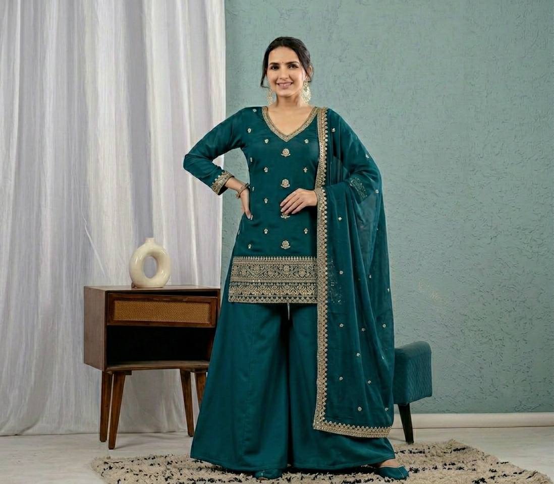 Teal Green Roman Silk 3mm Sequence Embroiderey Sharara Suit with Dupatta