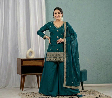 Teal Green Roman Silk 3mm Sequence Embroiderey Sharara Suit with Dupatta