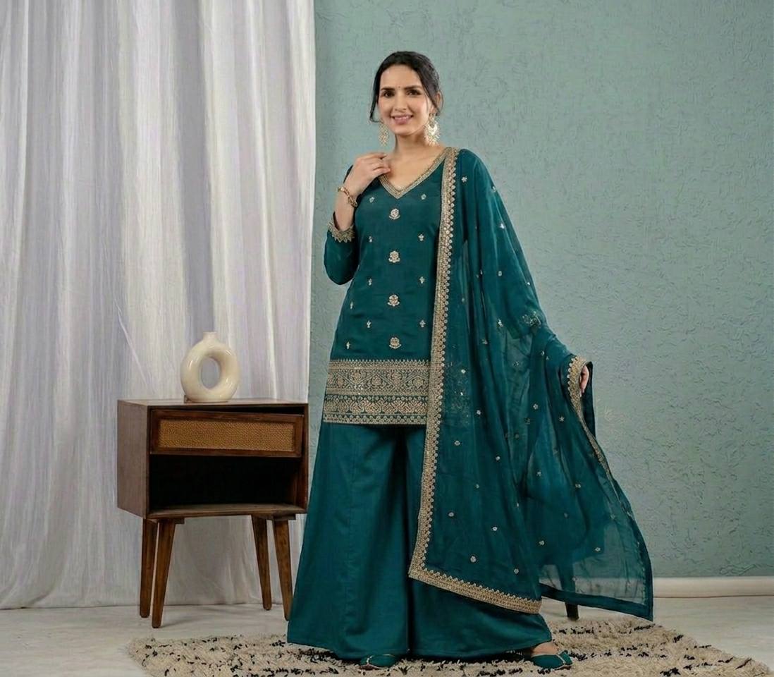 Teal Green Roman Silk 3mm Sequence Embroiderey Sharara Suit with Dupatta