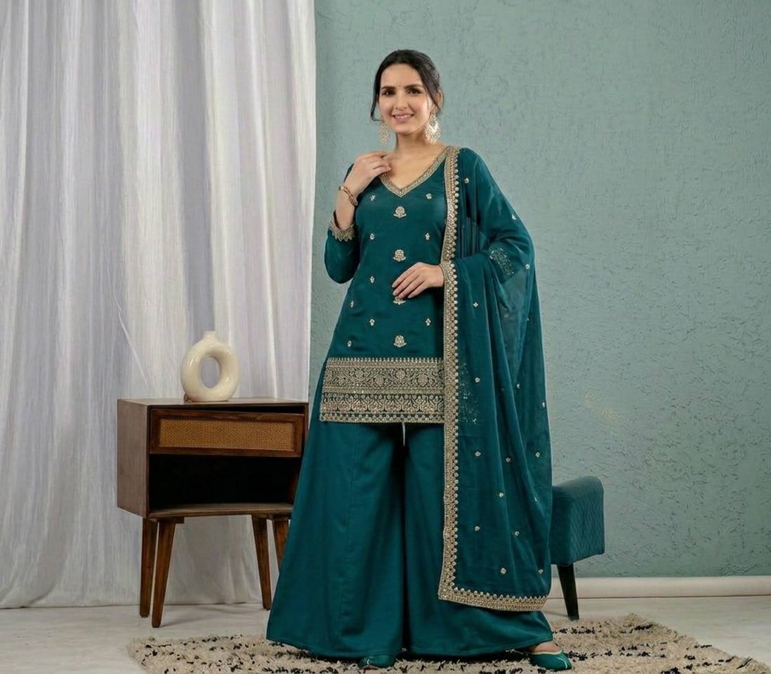 Teal Green Roman Silk 3mm Sequence Embroiderey Sharara Suit with Dupatta