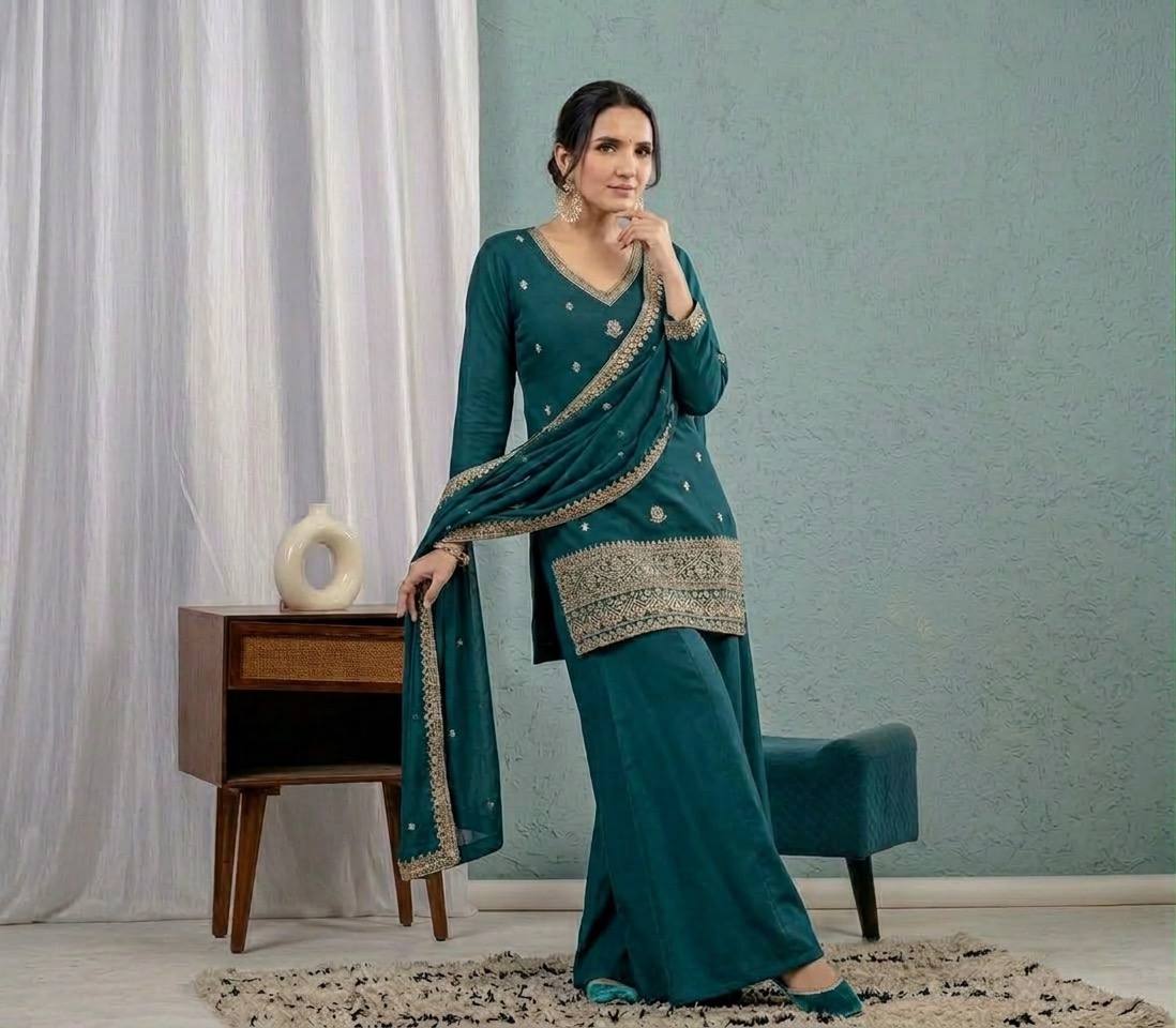 Teal Green Roman Silk 3mm Sequence Embroiderey Sharara Suit with Dupatta