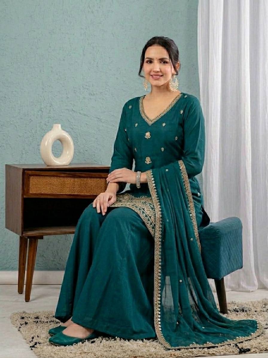 Teal Green Roman Silk 3mm Sequence Embroiderey Sharara Suit with Dupatta