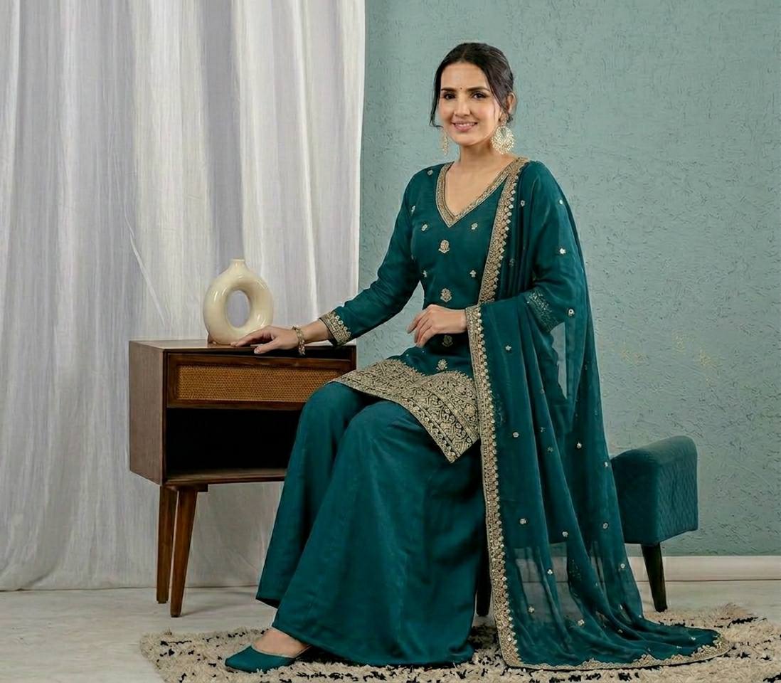 Teal Green Roman Silk 3mm Sequence Embroiderey Sharara Suit with Dupatta